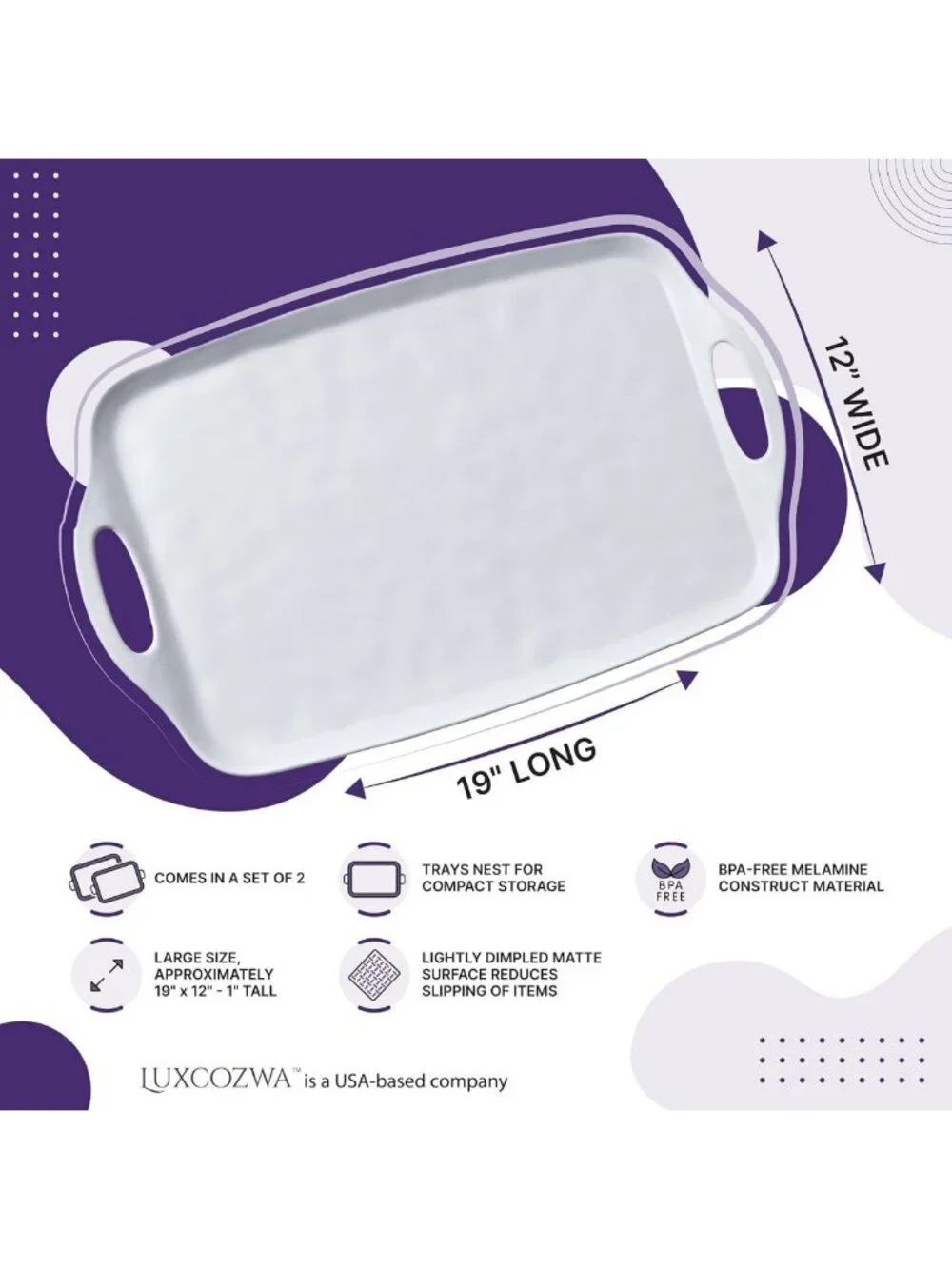 Large White Melamine Serving Tray Set of 2 - 19x12